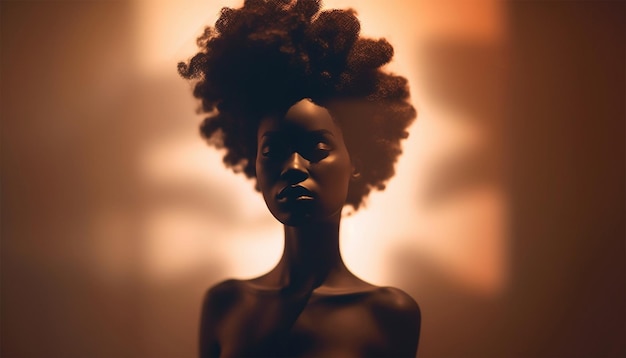 Wunderschönes Porträt der stolzen afroamerikanischen schwarzen Frau Silhouette mit afro lockigen Haaren auf weich