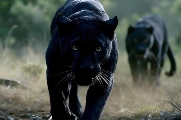 Wunderschönes Porträt eines schwarzen Panthers der Jaguarart. Neuronales Netzwerk AI generiert