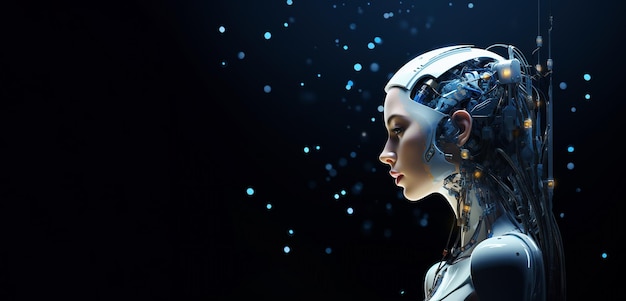 Wunderschönes Robotporträt auf dunklem Banner-Hintergrund Konzept künstlicher Intelligenz KI generiert