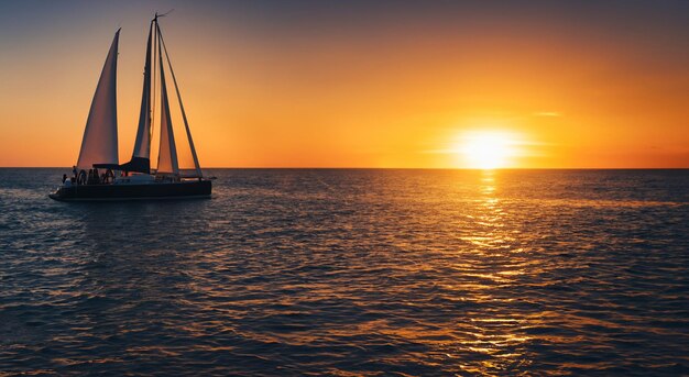 Wunderschönes Segelboot, das bei einem wunderschönen Sonnenuntergang auf dem Meer schwimmt