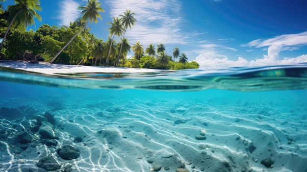 Wunderschönes tropisches Strandresort mit weißem Sand, blauem Himmel und ruhigem Meer