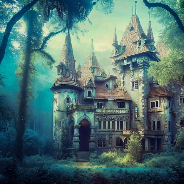 Wunderschönes verlassenes mittelalterliches Herrenhaus in einem Märchenwald