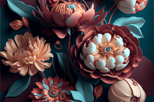 Wunderschönes Vintage-Blumenmuster für Tapeten oder Wanddekoration. Generative KI-Illustration