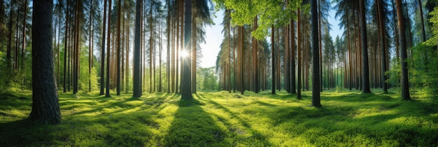 Wunderschönes Waldpanorama mit großen Bäumen und strahlender Sonne