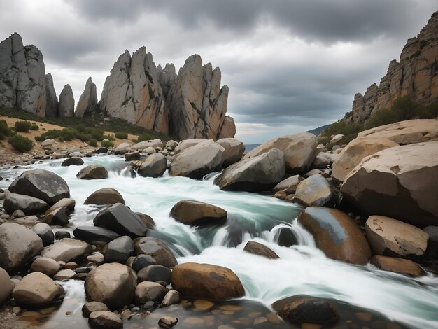 Foto wunderschönes wasser, das an einem bewölkten tag in spanien um große steine in der nähe des banjo-felsens fließt