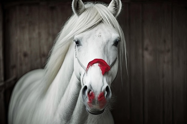 Wunderschönes weißes Pony mit Kussspuren von rotem Lippenstift auf seinem Gesicht Pferd am valentine39s Tag