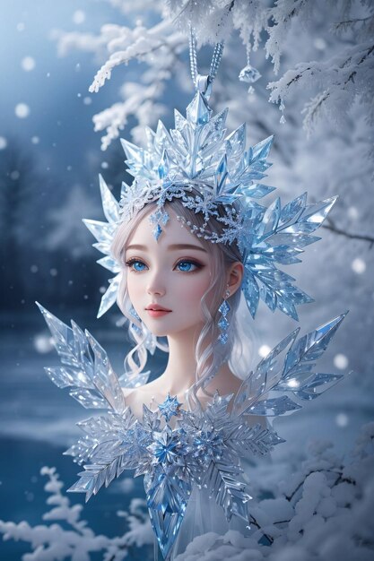 Wunderschönes Winterfeenprinzessin-Porträt einer Mädchenfrau in einer magischen Welt aus Eis und Schneeflocken