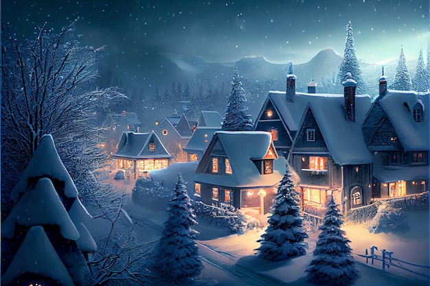Wundervolles Winterweihnachtsdorf mit schönem Anblick in der Malstilillustration