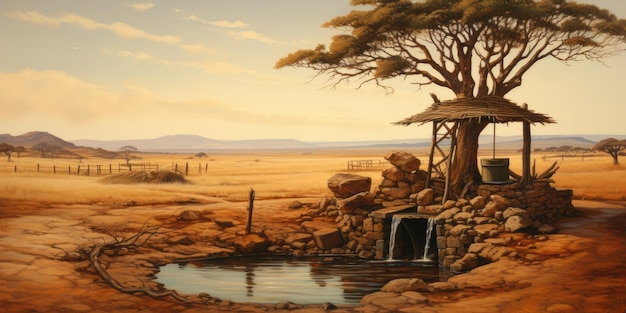 Foto wunschbrunnen mit einem holzeimer auf einer kargen landschaft. eine verträumte oase mit wasserloch in der dürre