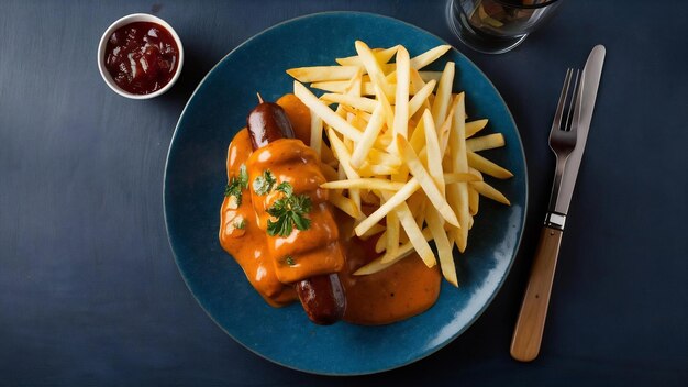 Foto wurst de curry com molho e batatas fritas