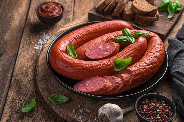 Wurst mit Basilikum, Gewürzsauce auf Holzhintergrund. Seitenansicht, Kopienraum.