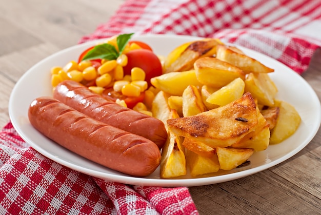 Wurst mit Bratkartoffeln und Gemüse auf einem Teller