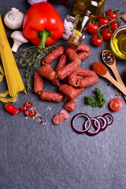 Wurst mit Salami mit Gewürzen und Gemüse