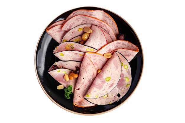 Wurstsorten Fleischplatte oder Fleischplatte frische Mahlzeit Lebensmittel Snack auf dem Tisch Kopierraum Lebensmittel