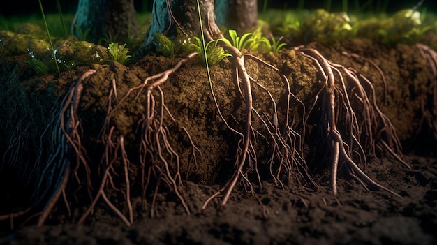 Foto wurzeln von pflanzen, die unterirdisch wachsen, schließen erdschichten kreuz und quer durch generative ki