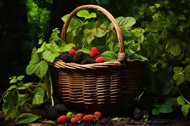 Wurzkorb mit verschiedenen frischen reifen Beeren im Freien, Waldhintergrund