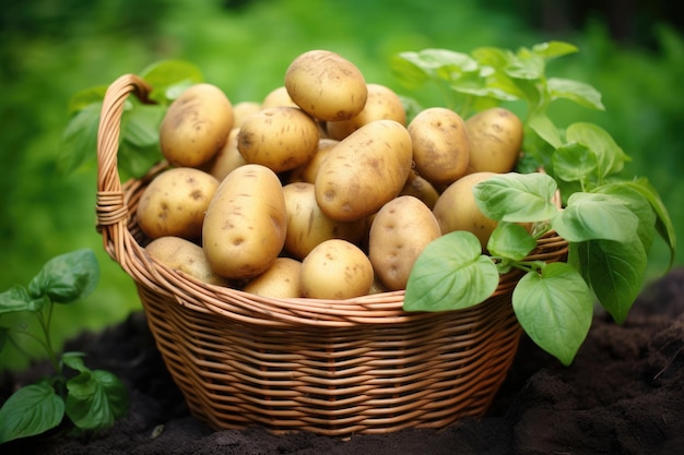 Wurzkorb voller Kartoffeln auf grünem Hintergrund