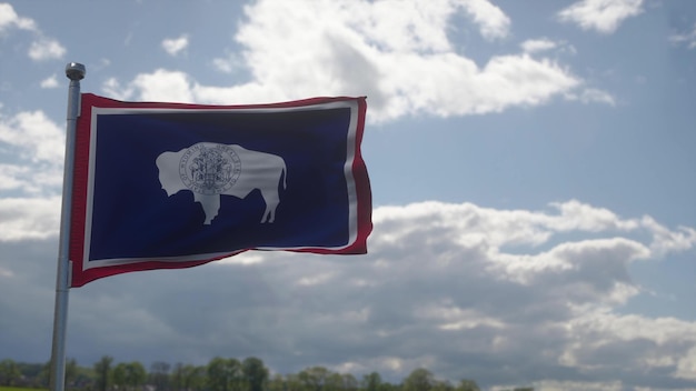 Wyoming-Flagge auf einem Fahnenmast, der im Wind weht, blauer Himmelshintergrund, 3D-Illustration