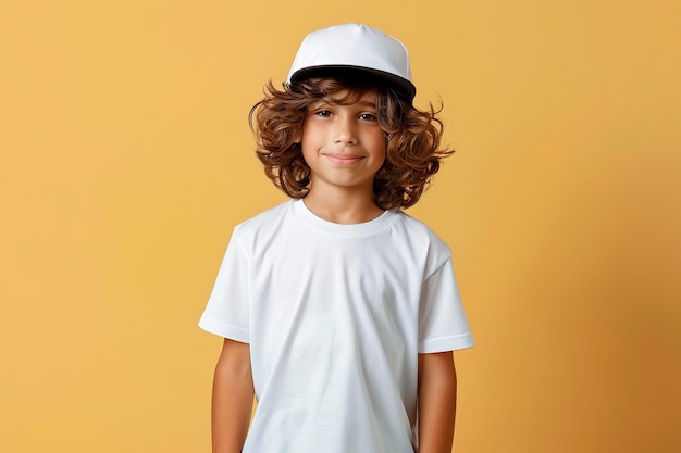 x9 Cute Junge in weißem T-Shirt und Mütze Kinder T-Short-Mockup x9