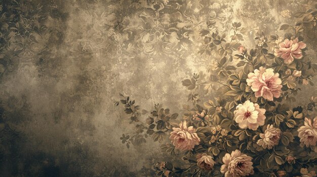 xA Una ilustración atmosférica de un fondo de papel tapiz vintage con patrones florales y colores apagados
