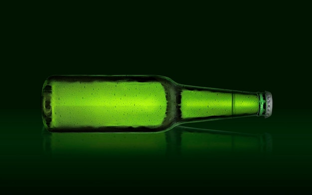 XA3D-Rendering Einzelne grüne Bierflasche ohne Markenbezeichnung Vollglasflasche mit Wassertropfen vor grün beleuchtetem Hintergrund Alkoholische Getränke und Erfrischungskonzept