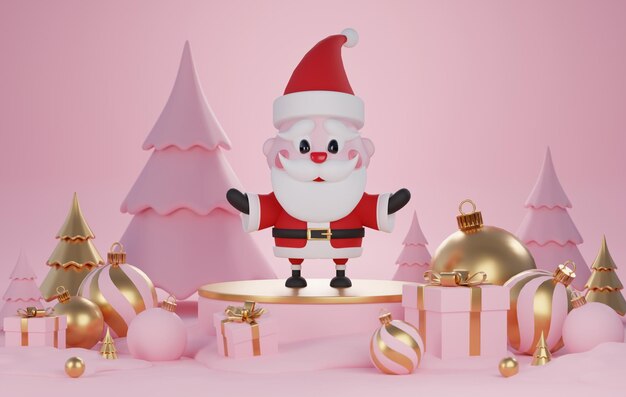 XA3D-Rendering Frohe Weihnachten, Weihnachtsmann mit Podium für Produktpräsentation in Hintergrundfarbe