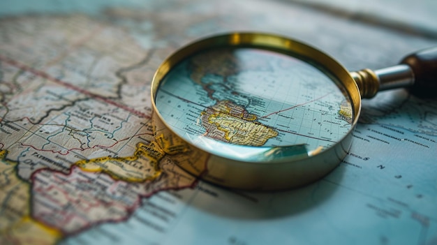 xAA cautivadora fotografía de primer plano que destaca el meticuloso proceso de uso de una lupa para buscar un país específico en un mapa