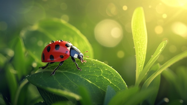 xAA Clipart-Illustration einer charmanten Marienkäfer, die auf einem grünen Blatt kriecht