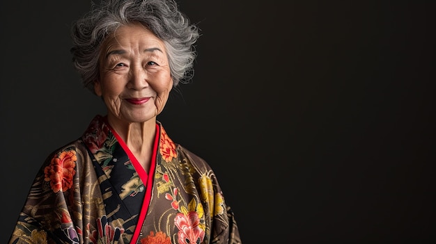 xAA Fotografía de una alegre anciana asiática en kimono tradicional