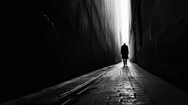 Foto xaa fotografía en blanco y negro de alto contraste de una figura solitaria caminando por un callejón vacío