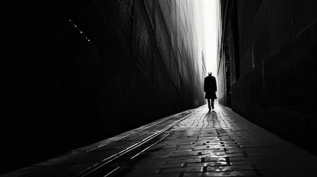xAA fotografia em preto e branco de alto contraste de uma figura solitária caminhando por um beco vazio