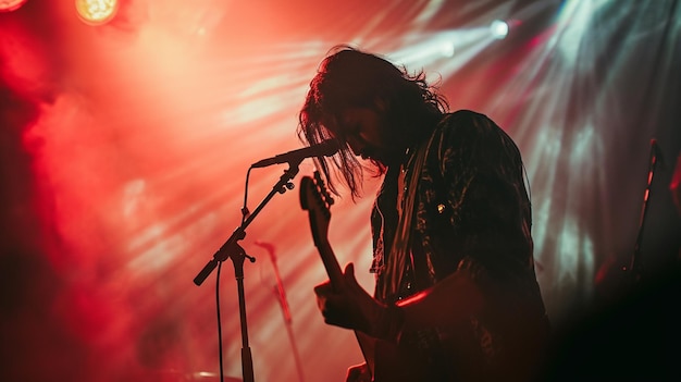 xAA fotografía de un músico actuando apasionadamente en el escenario con iluminación dinámica