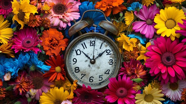 xAA konzeptionelles Bild einer gebrochenen Uhr, umgeben von lebendigen Blumen