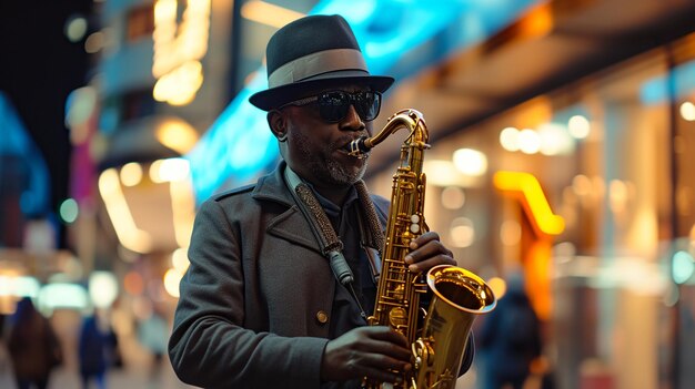 XAA toma sincera de un músico callejero tocando apasionadamente un saxofón en un ajetreado entorno urbano