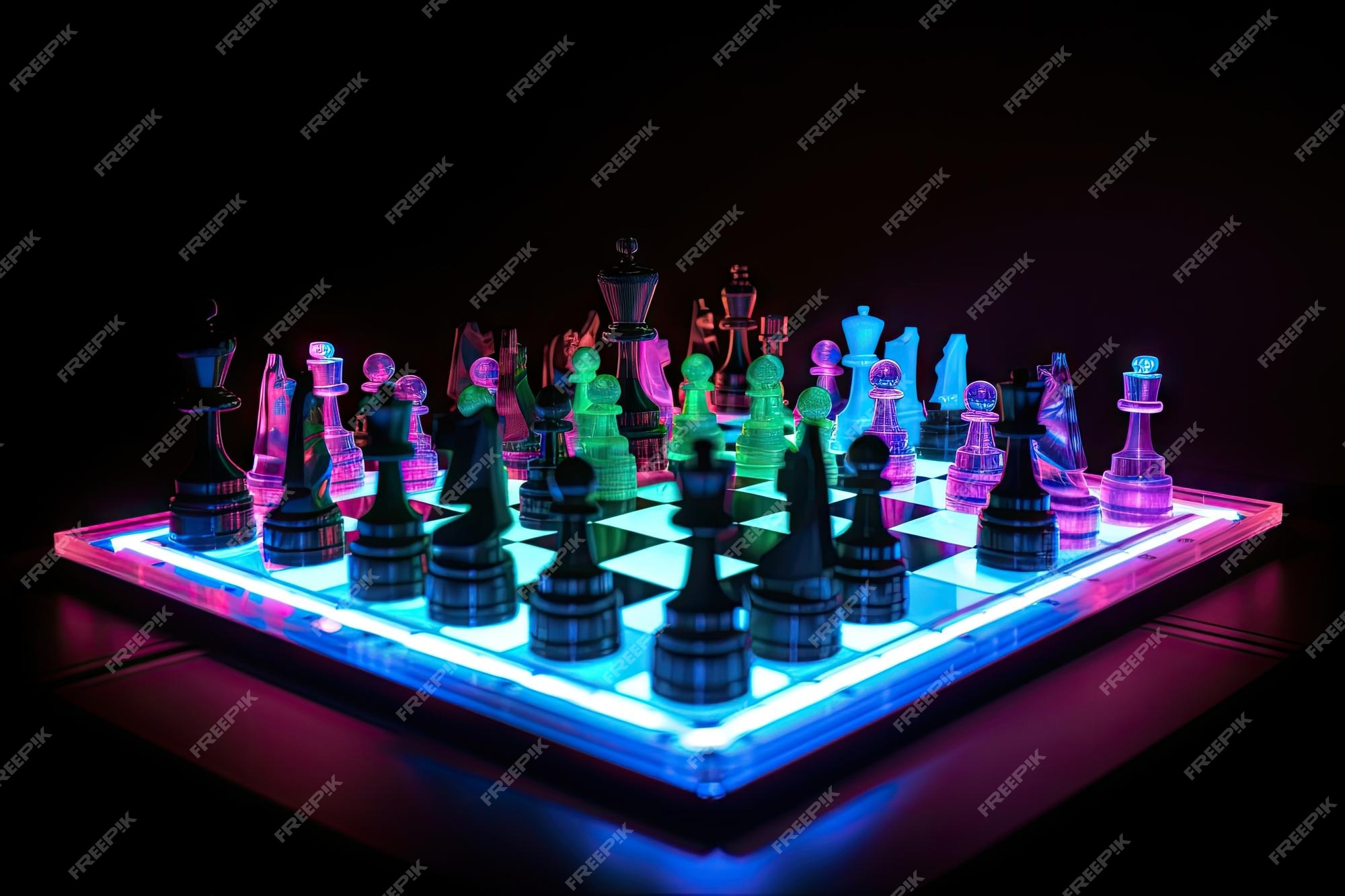 Xadrez neon em movimento com peças se movendo e fazendo seus movimentos  criados com ia generativa