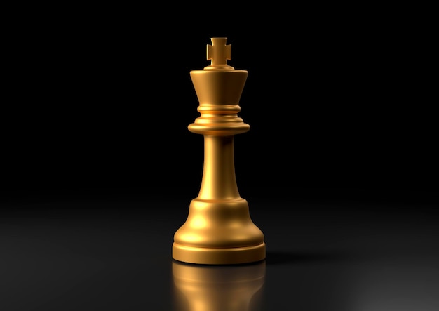 Xadrez rei dourado em pé contra um fundo preto Estatueta de jogo de xadrez 3D render ilustração