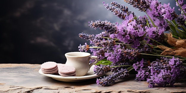 xAFresh té delicioso con lavanda y flores de lavanda en la mesa de piedra gris