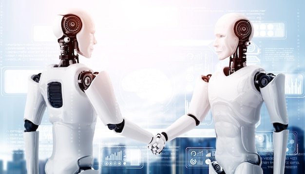 XAI 3D renderiza el apretón de mano del robot humanoide para colaborar con la tecnología futura