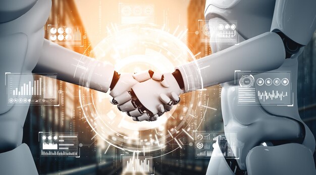 XAI 3D renderiza el apretón de mano del robot humanoide para colaborar con la tecnología futura