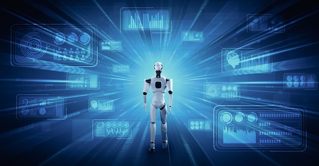 Xai d rendert einen humanoiden Robot, der große Daten analysiert, indem er KI-Denken verwendet.