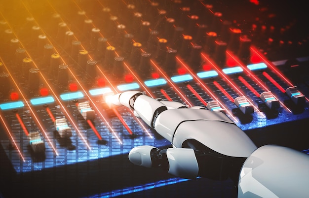 XAI Droid robot disc jockey mano en el mezclador de DJ