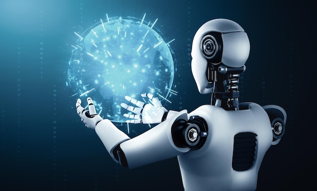 XAI, ein humanoider Roboter mit einem Hologramm-Bildschirm, zeigt das Konzept der globalen Kommunikation