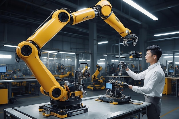 XAI-Ingenieure verwenden fortschrittliche Robotik-Software, um den Industrieroboterarm in der Fabrik zu steuern