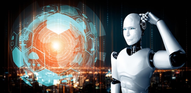 Xai pensando ai robot humanoide analizando la pantalla del holograma muestra el concepto de red