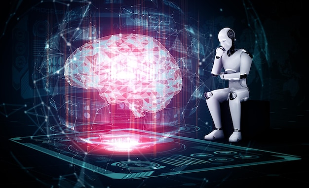 XAI pensante robot humanoide de IA que analiza una pantalla de hologramas que muestra el concepto de IA