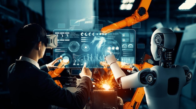 XAI Robot industrial mecanizado y trabajador humano trabajando juntos en la fábrica del futuro