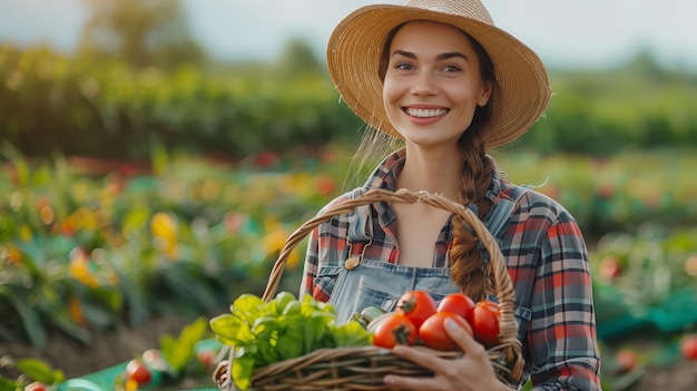 XAModern jovem mulher fazendeira segurando uma cesta com legumes