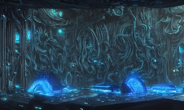 Xenomorfos de naves alienígenas extraterrestres de origem extraterrestre O interior da espaçonave o painel de controle longos corredores ilustração 3d