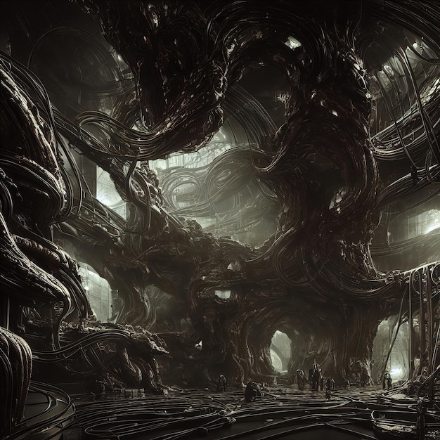 Xenomorfos de naves alienígenas extraterrestres de origem extraterrestre O interior da espaçonave o painel de controle longos corredores ilustração 3d