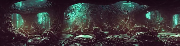 Xenomorfos de naves alienígenas extraterrestres de origem extraterrestre O interior da espaçonave o painel de controle longos corredores ilustração 3d